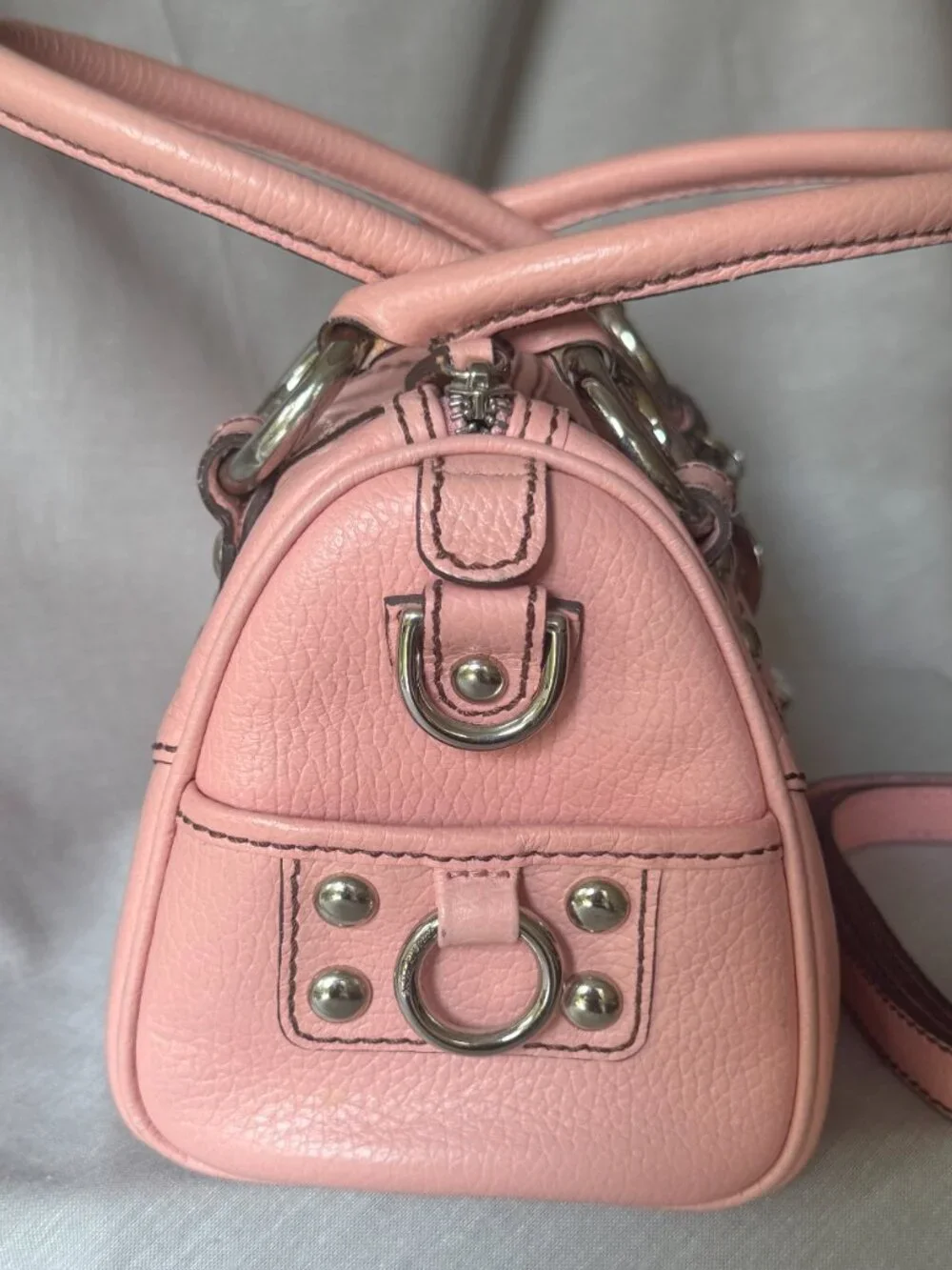 Isabella Fiore Pink Leather Satchel Y2K Chunky Chain Charm Bag 2000s Coquette